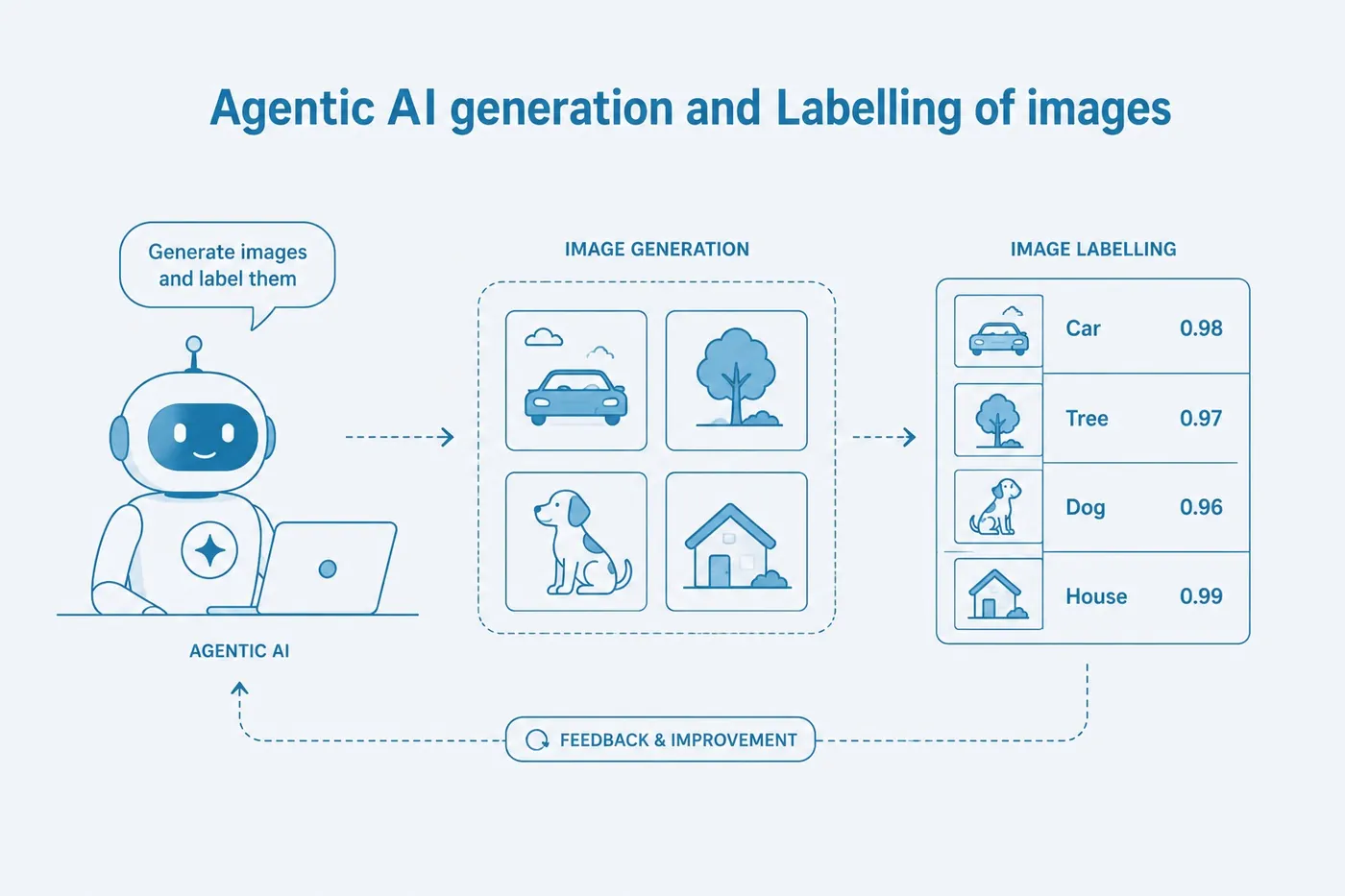 An agent generates images of a car, tree, dog and house, labels each with a confidence score, and feeds the result back for improvement.